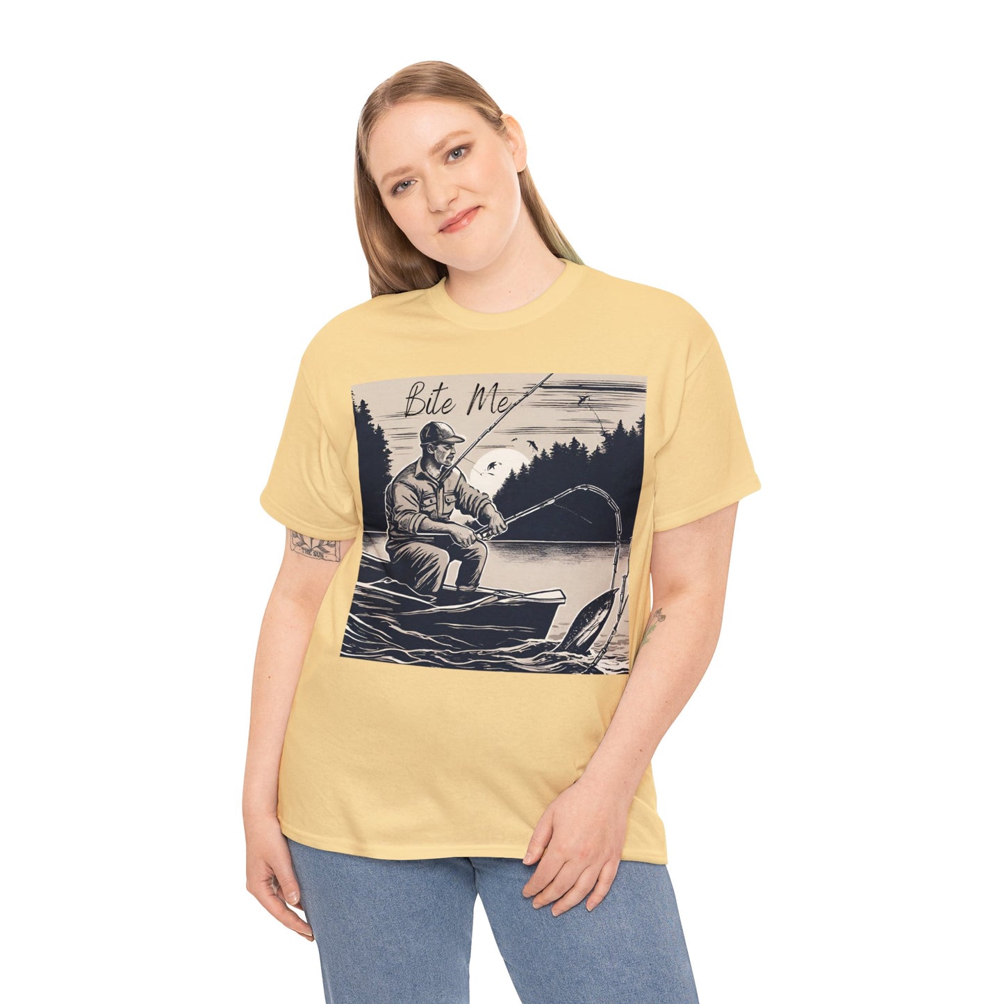 Unisex Heavy Cotton Tee Adult/Teen Activewear Bite Me with A Man Fishing Black Outline Shirt Comes in Many colors