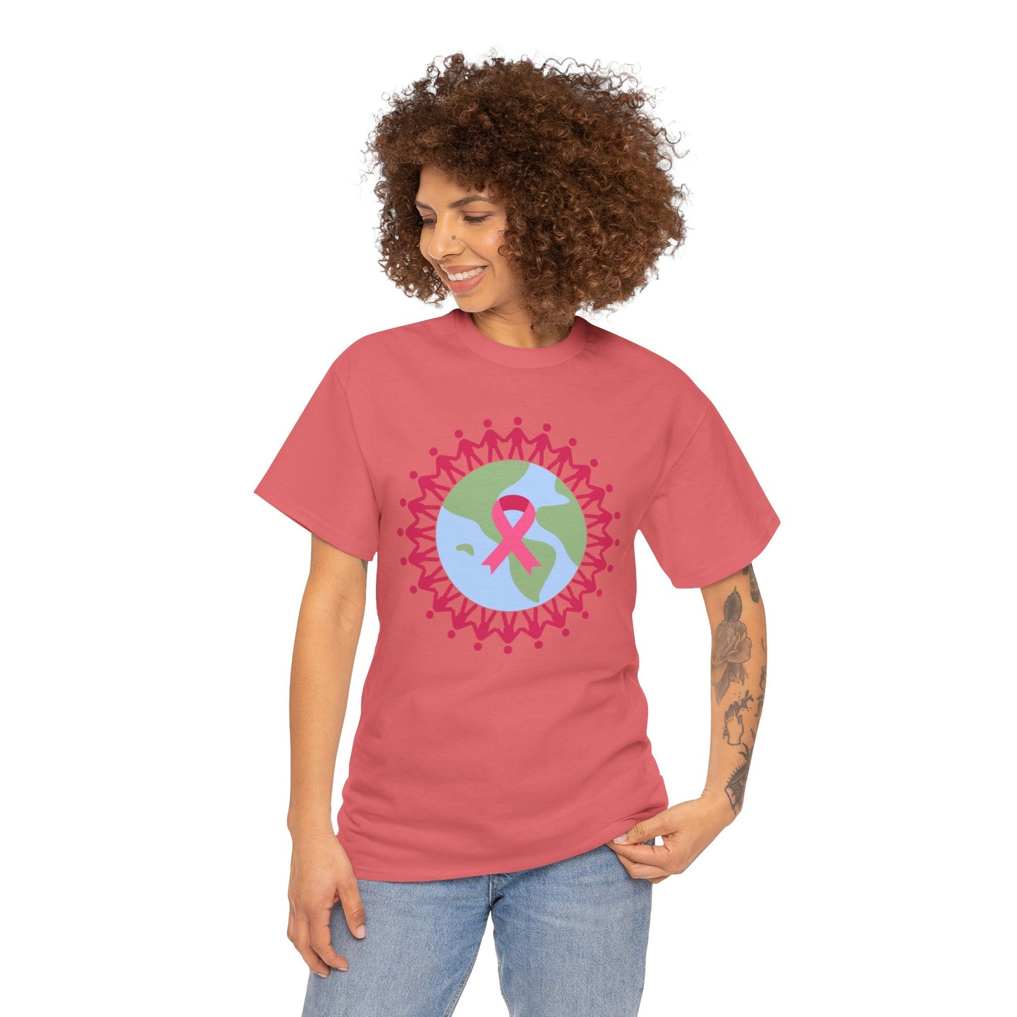 Unisex Heavy Cotton Tee Adult/Teen Activewear Earth with Pink Stick Figures Around thE World for Cancer Awareness