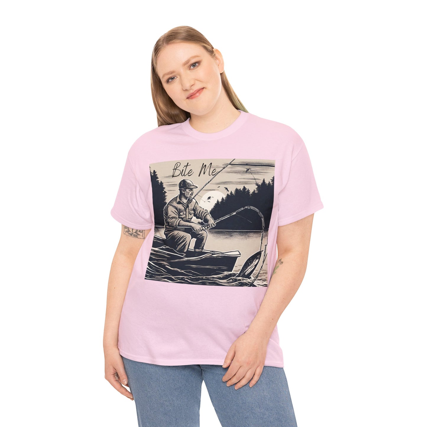 Unisex Heavy Cotton Tee Adult/Teen Activewear Bite Me with A Man Fishing Black Outline Shirt Comes in Many colors