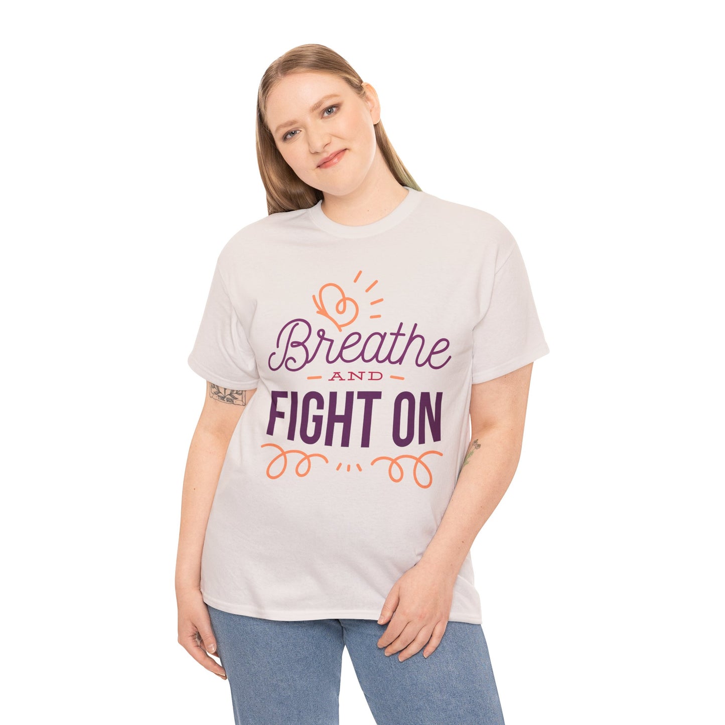 Unisex Heavy Cotton Tee Adult/Teen Activewear Breathe and Live On Colors Peach and Purple Writing