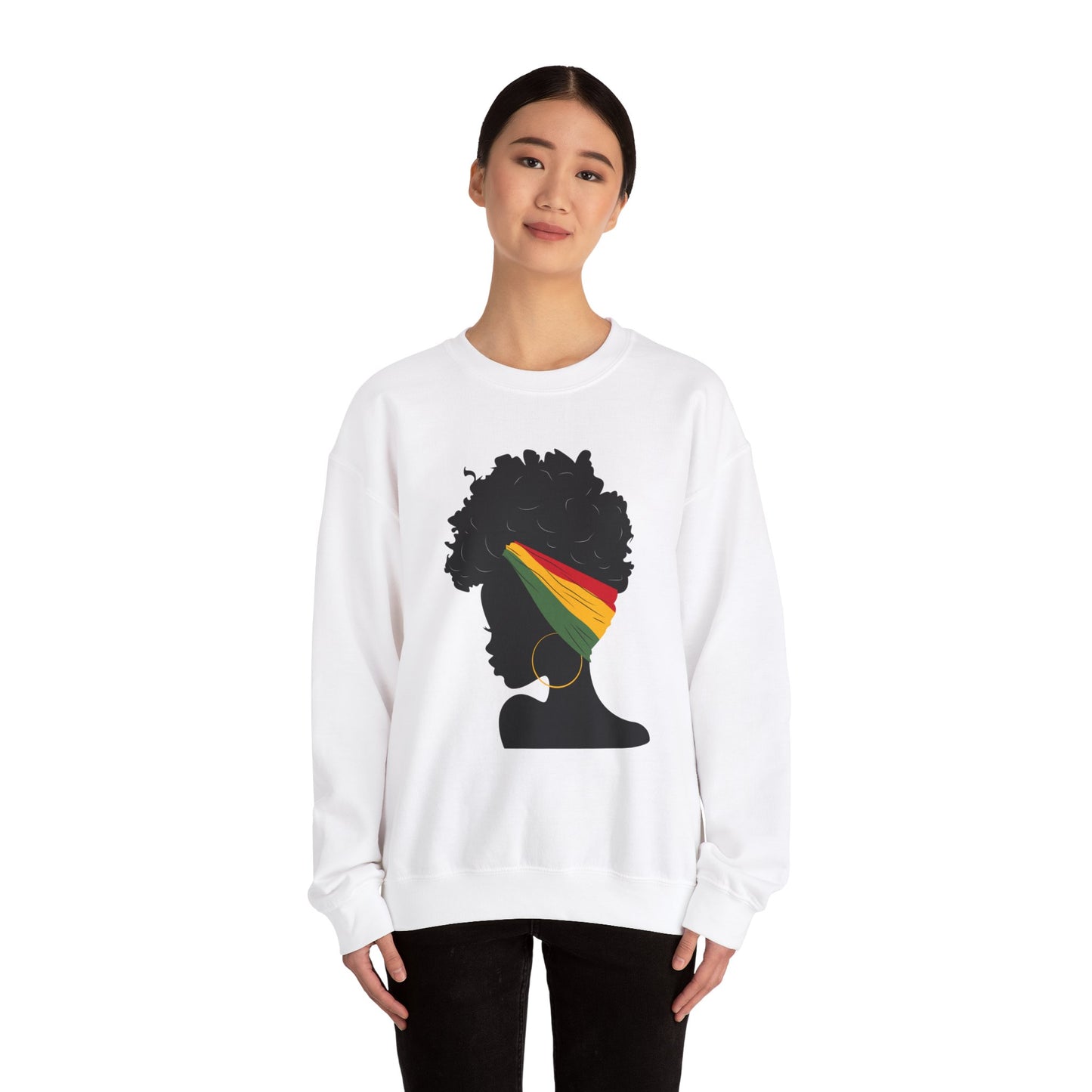 Unisex Heavy Blend™ Crewneck Sweatshirt Adult/Teen African American Woman Wearing African Colors Red Yellow Green