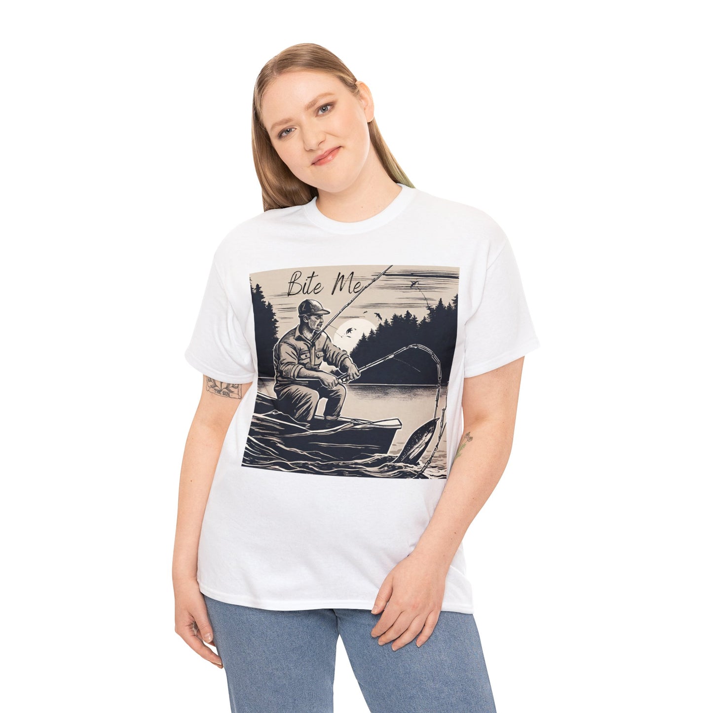 Unisex Heavy Cotton Tee Adult/Teen Activewear Bite Me with A Man Fishing Black Outline Shirt Comes in Many colors