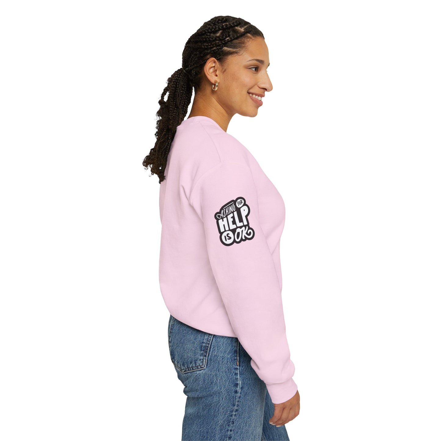 Unisex Heavy Blend™ Crewneck Sweatshirt Adult/Teen Activewear Mental Health Awareness Ribbon on Front Asking for Help Is OK on Right Sleeve