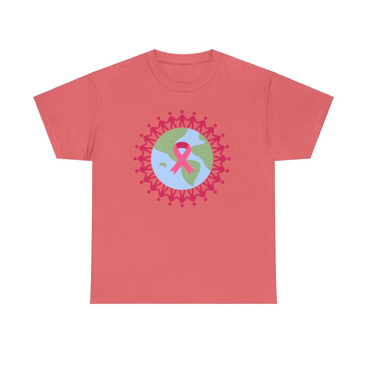 Unisex Heavy Cotton Tee Adult/Teen Activewear Earth with Pink Stick Figures Around thE World for Cancer Awareness