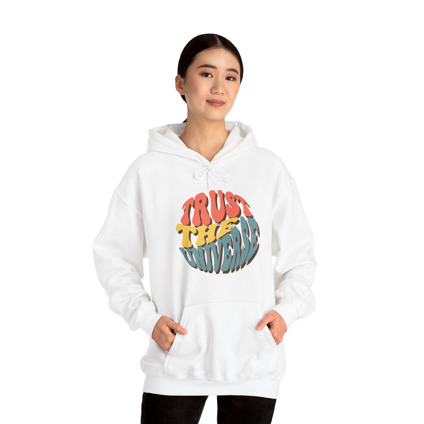 Unisex Heavy Blend™ Hooded Sweatshirt Adult/Teen Activewear Trust The Universe Colors Dark Peach Blue and Dark Yellow