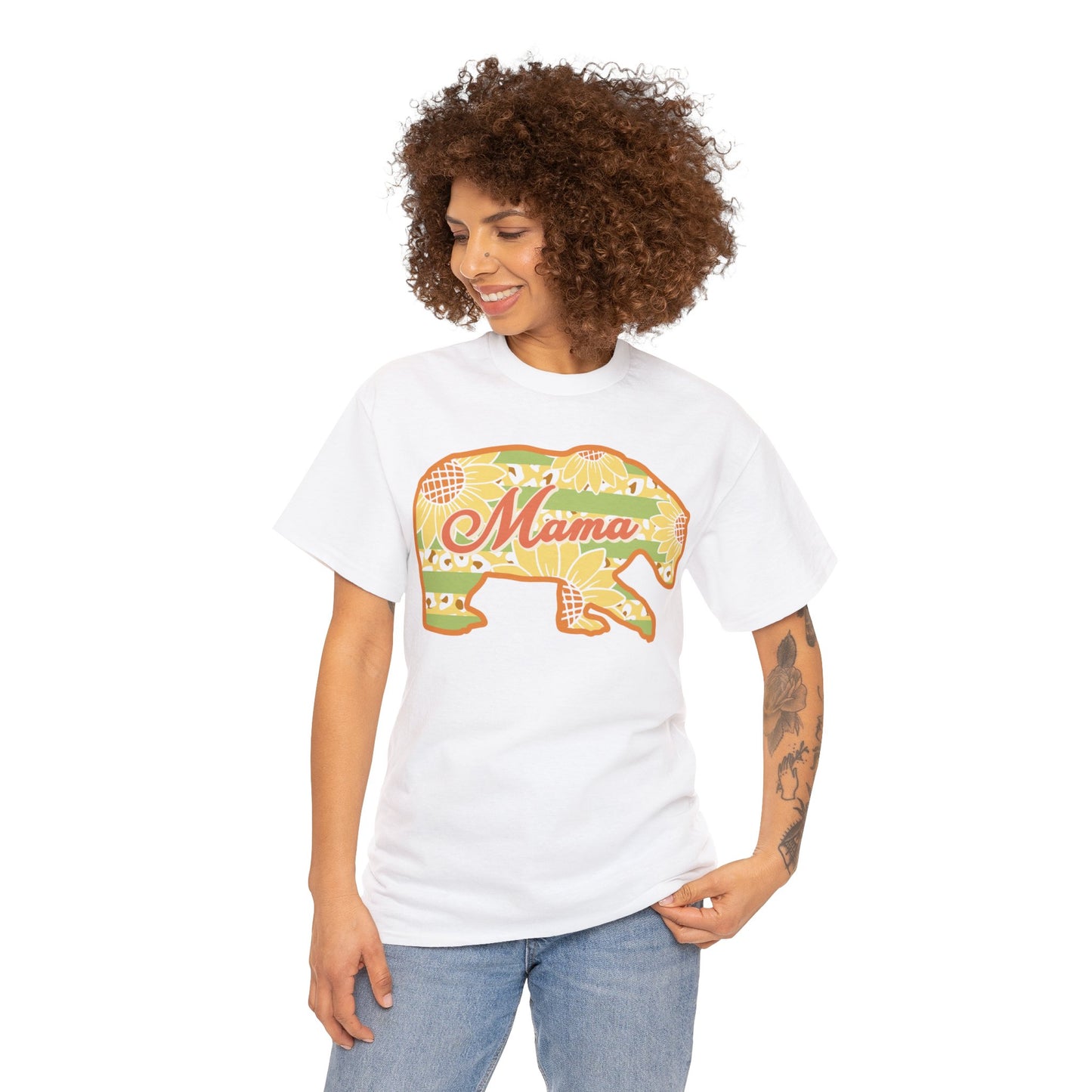 Unisex Heavy Cotton Tee Activewear Adult Mama Bear Many Colors Available Light Yellow Coral Design