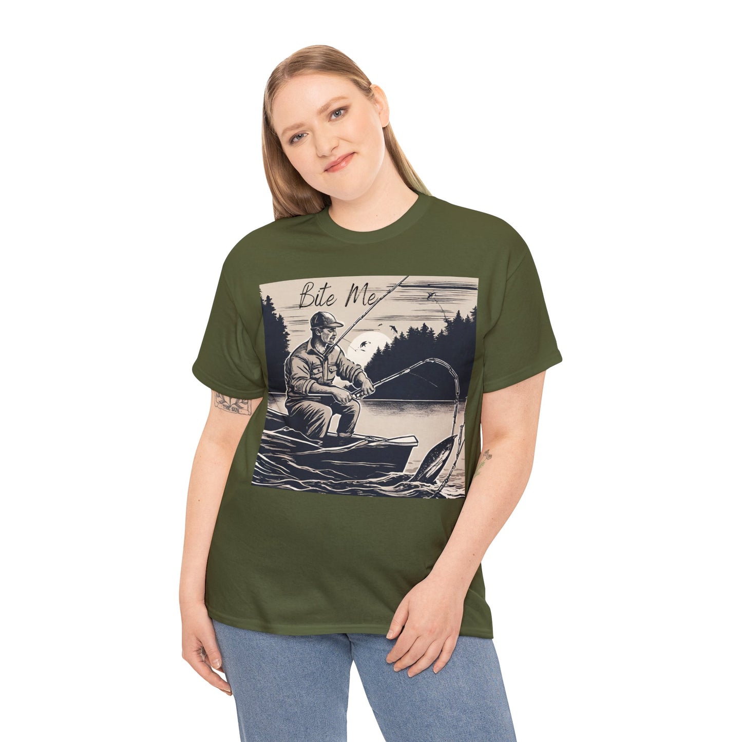 Unisex Heavy Cotton Tee Adult/Teen Activewear Bite Me with A Man Fishing Black Outline Shirt Comes in Many colors