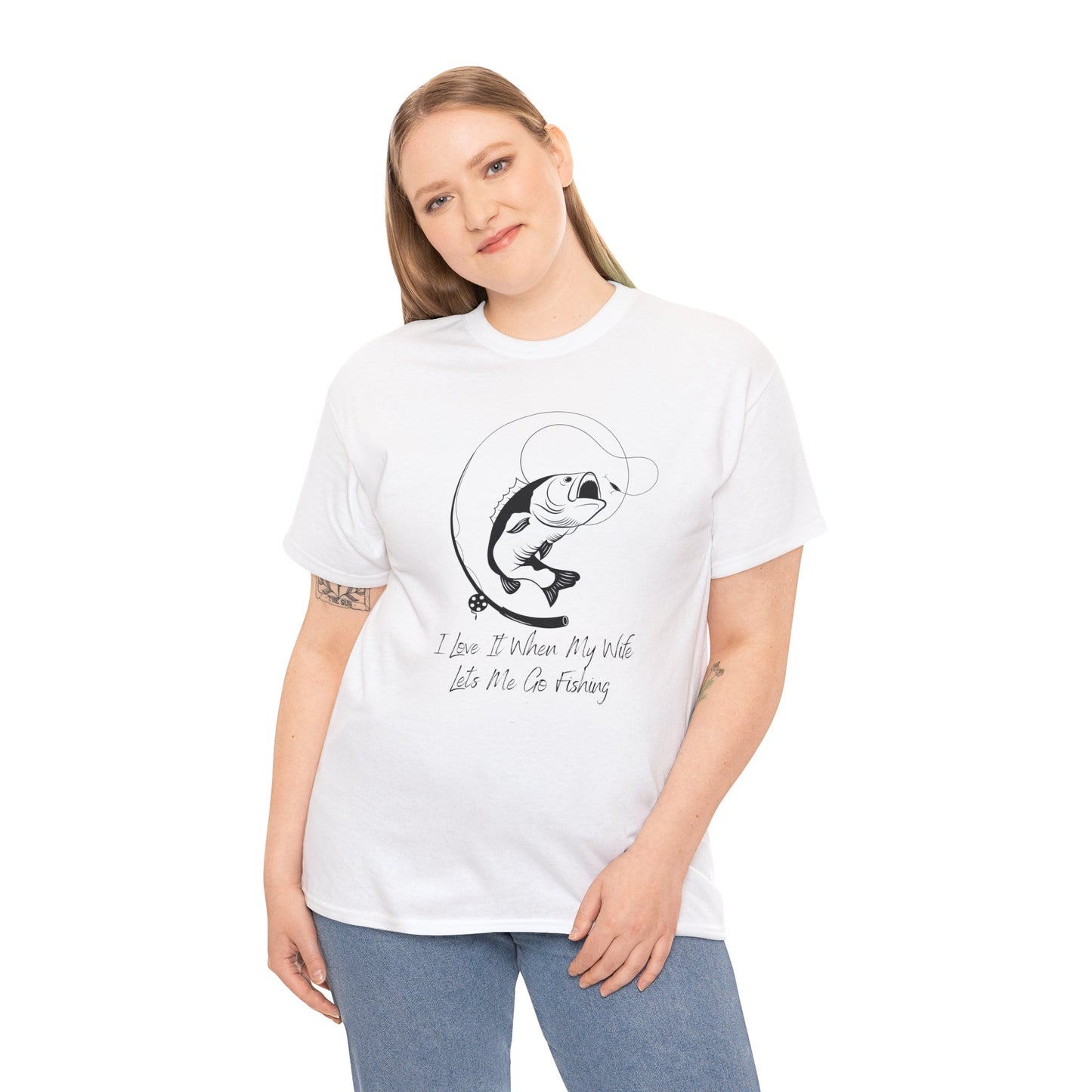 Unisex Heavy Cotton Tee Adult/Teen Activewear I Love It When My Wife Lets Me Go Fishing in Black T-shirt Comes In Many Colors