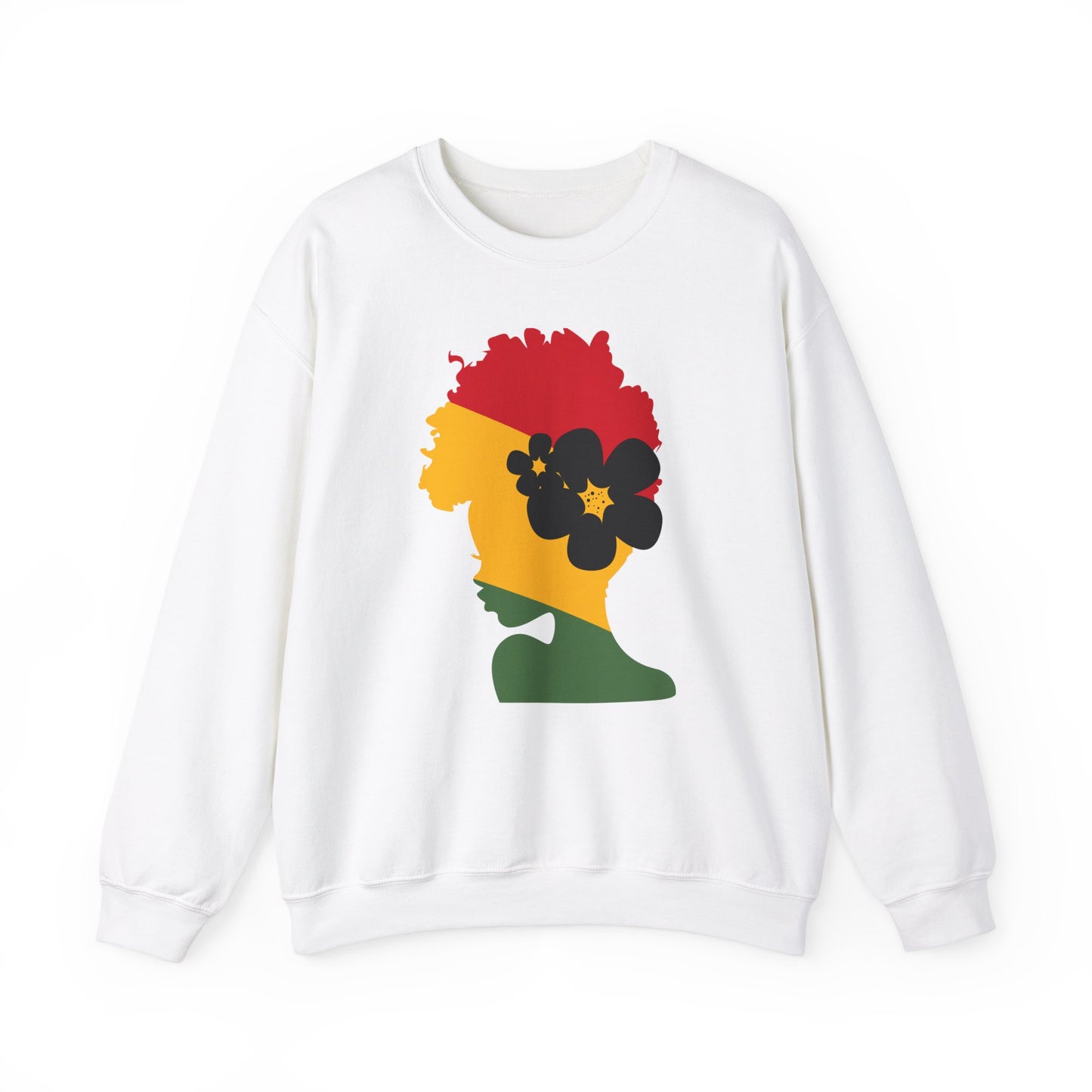 Unisex Heavy Blend™ Crewneck Sweatshirt African American Woman in Black with African Colors of Red Yellow Green