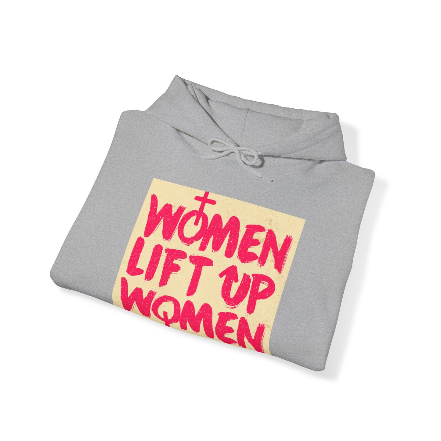 Unisex Heavy Blend™ Hooded Sweatshirt Adult Activewear Women Lift Up Women on Front Colors Hot Pink and Light Yellow