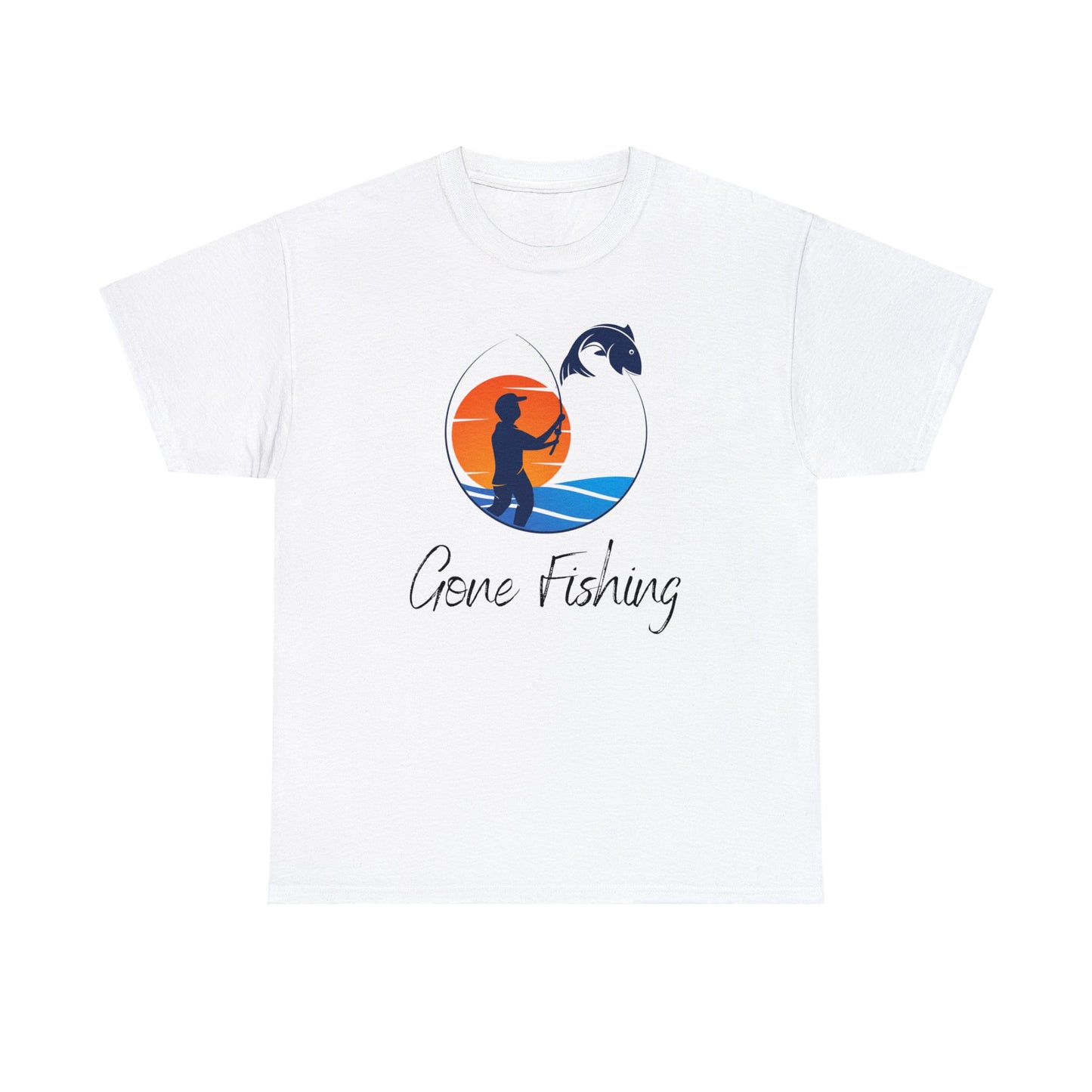 Unisex Heavy Cotton Tee Adult/Teen Gone Fishing With A Sun in Orange