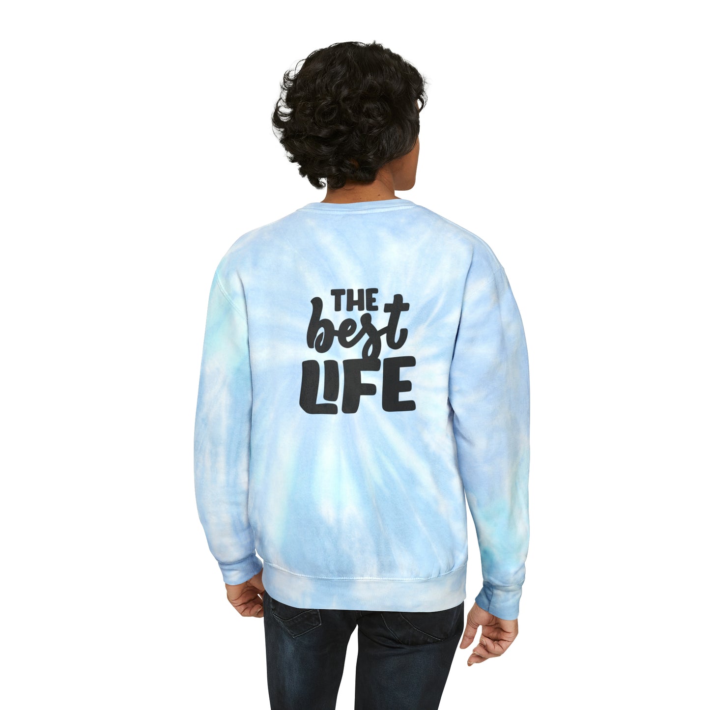 Unisex Tie-Dye Sweatshirt CREWNECK ADULT/TEEN ACTIVEWEAR YIN-YANG BALANCE AND HARMONY YOGA PURPLE TEAL-BLUE BEST LIFE ON BACK IN BLACK