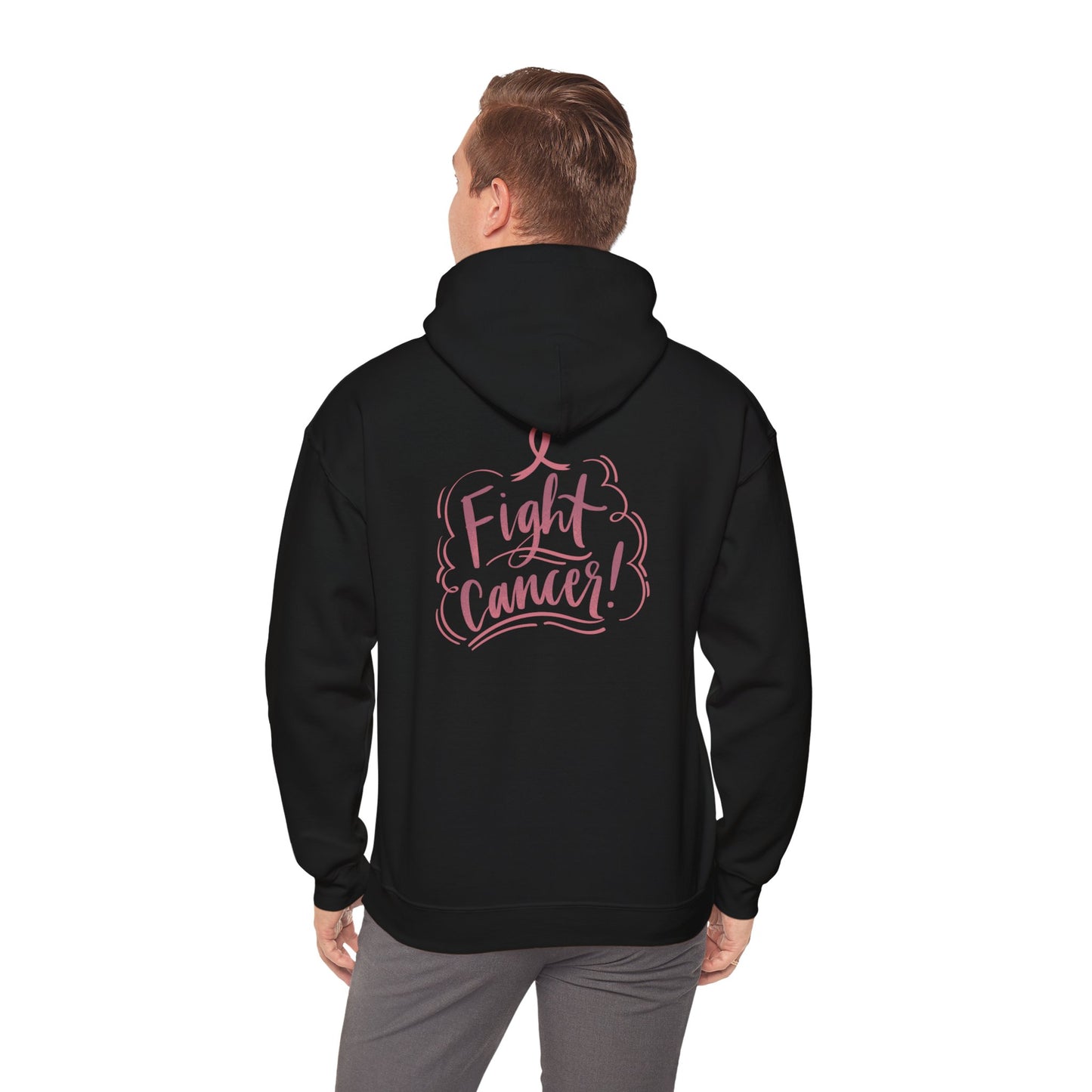 Unisex Heavy Blend™ Hooded Sweatshirt Adult/Teen Activewear on Front Pink World for Fighting Cancer and on Back Fight Cancer in Pink Writing