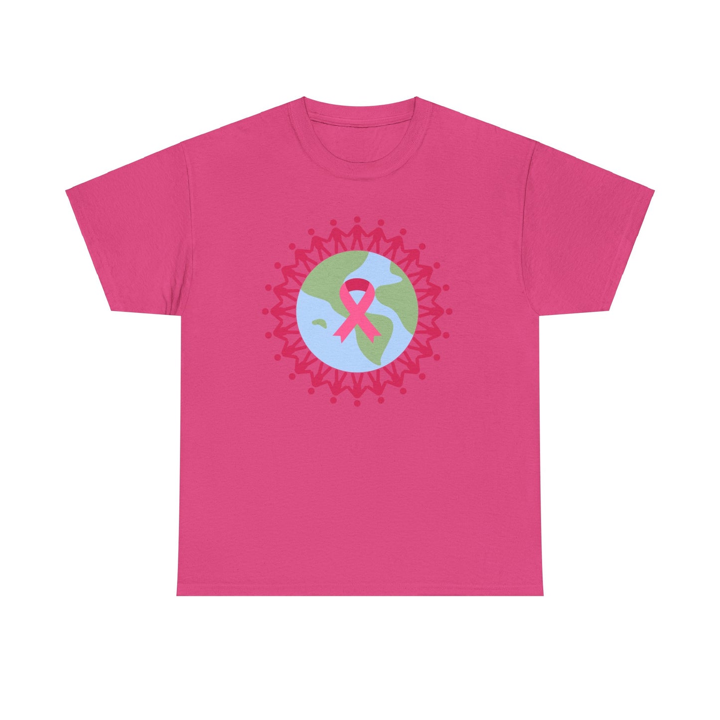 Unisex Heavy Cotton Tee Adult/Teen Activewear Earth with Pink Stick Figures Around thE World for Cancer Awareness