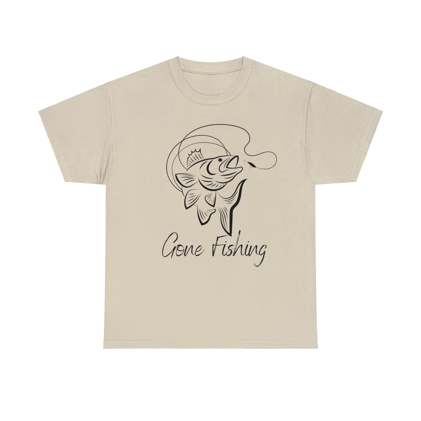 Unisex Heavy Cotton Tee Adult/Teen Gone Fishing w/ Image of Fish in Black Outline T-shirt Comes in Many Colors