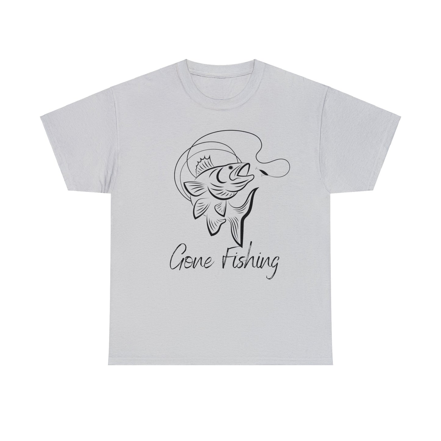 Unisex Heavy Cotton Tee Adult/Teen Gone Fishing w/ Image of Fish in Black Outline T-shirt Comes in Many Colors