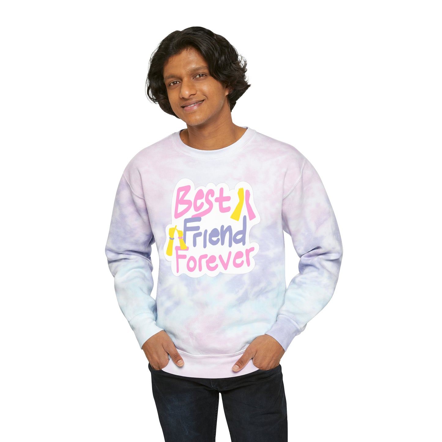 Unisex Tie-Dye Sweatshirt ADULT/TEEN CREWNECK ACTIVEWEAR BEST FRIENDS FOREVER IN PINK WHITE LETTERS PEACH HANDS PINKY PROMISE