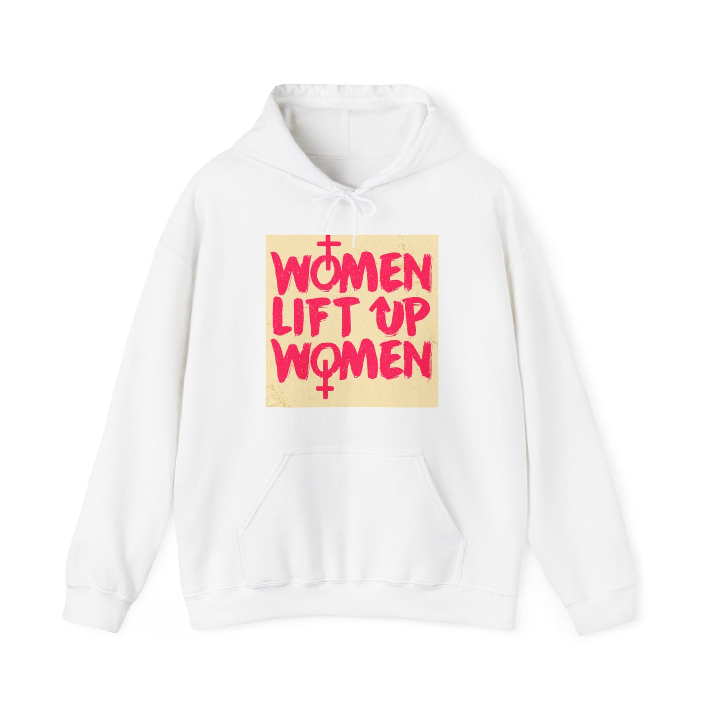 Unisex Heavy Blend™ Hooded Sweatshirt Adult Activewear Women Lift Up Women on Front Colors Hot Pink and Light Yellow