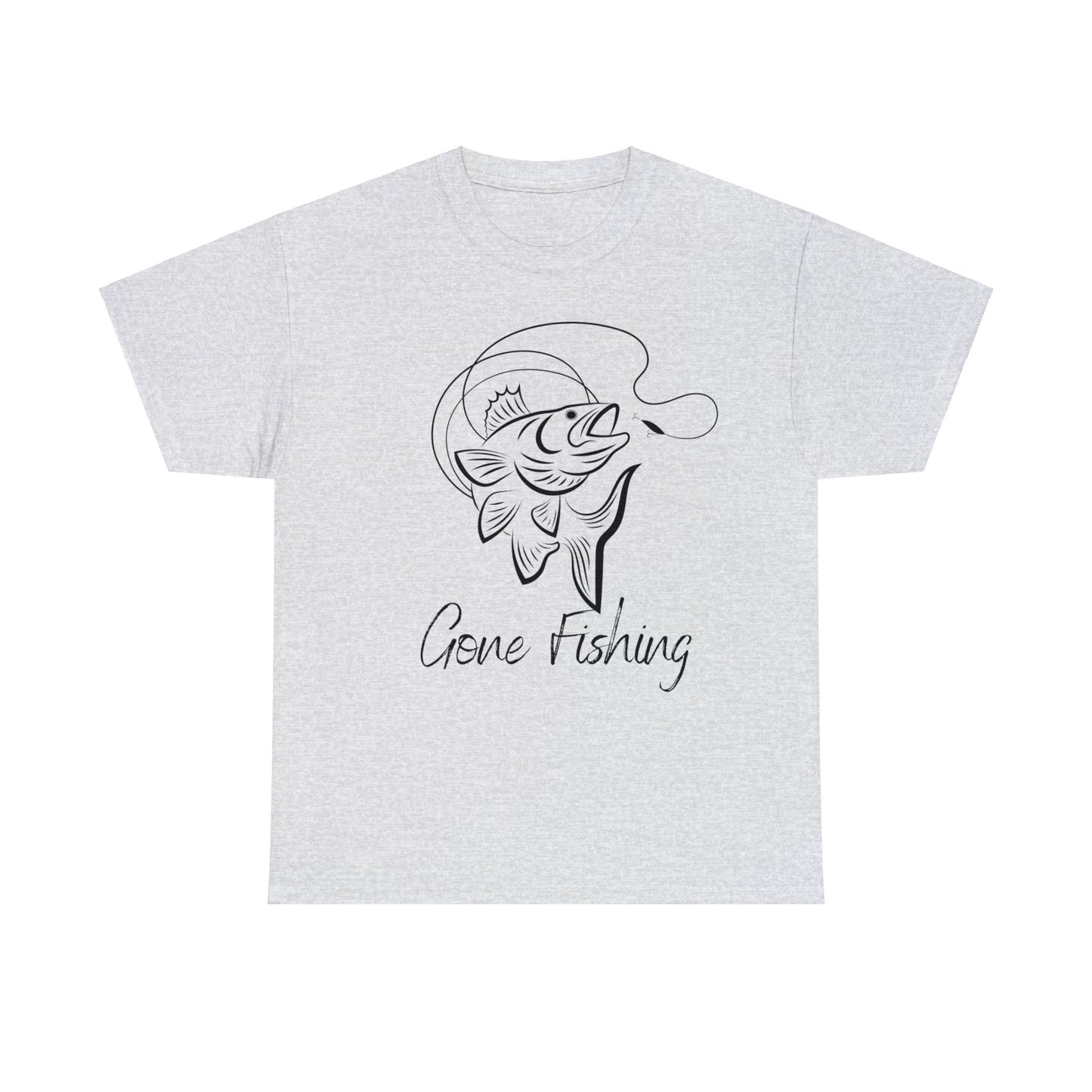 Unisex Heavy Cotton Tee Adult/Teen Gone Fishing w/ Image of Fish in Black Outline T-shirt Comes in Many Colors