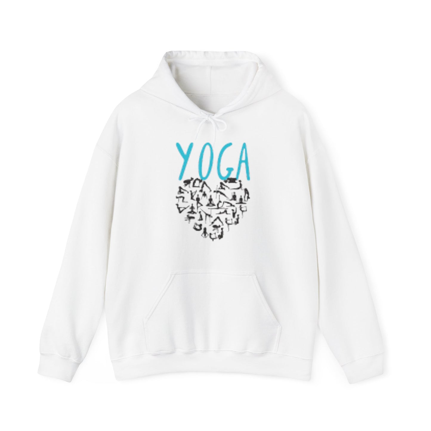 Unisex Heavy Blend™ Hooded Sweatshirt ADULT/TEEN ACTIVEWEAR YOGA IN TEAL-BLUE WRITING W/ YOGA POSES IN HEART SHAPE BLACK