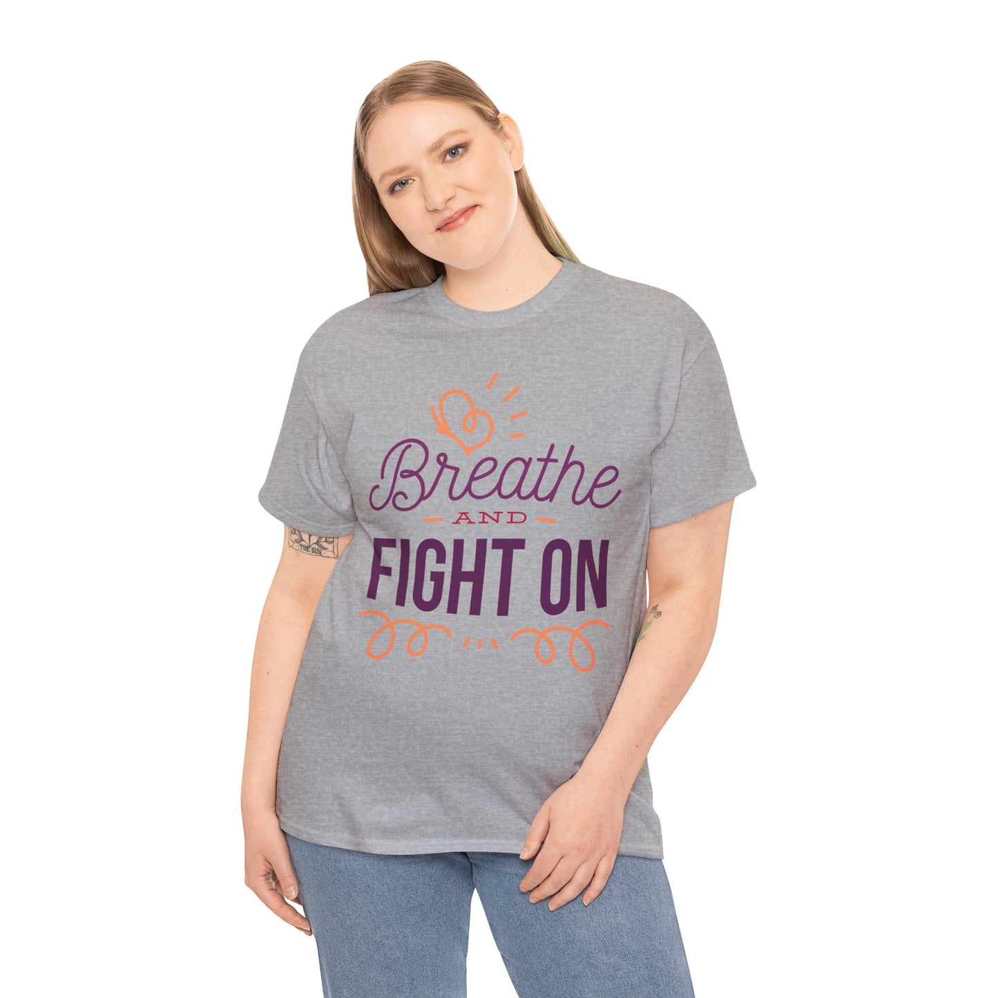 Unisex Heavy Cotton Tee Adult/Teen Activewear Breathe and Live On Colors Peach and Purple Writing