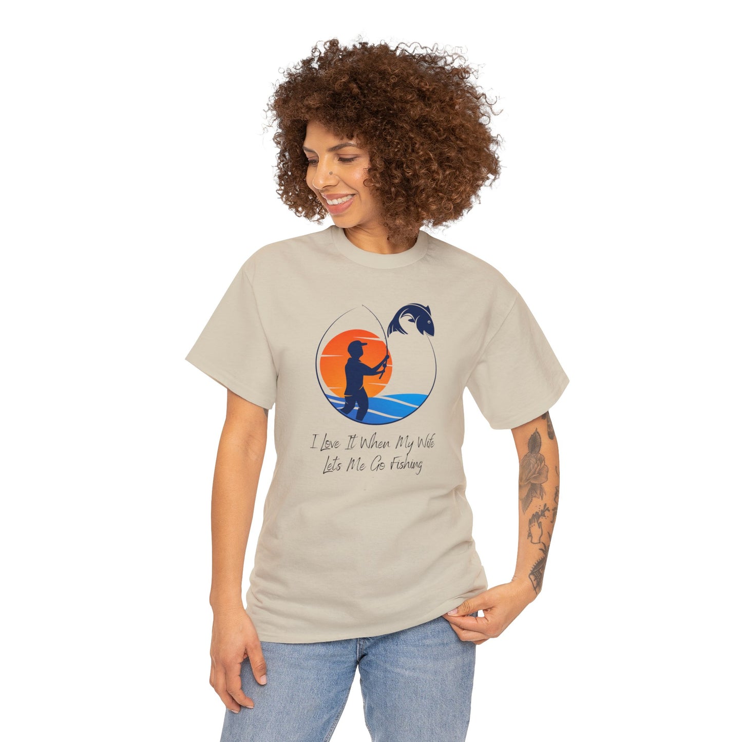 Unisex Heavy Cotton Tee Adult Activewear I Love It When My Wife Lets Me Go Fishing with a Orange Sunset T-shirt Comes In Many Colors