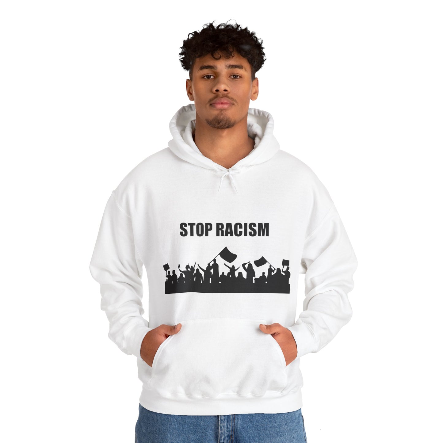 Unisex Heavy Blend™ Hooded Sweatshirt Adult/Teen Activewear Stop Racism on Front in Black on Back Stop The Violence in Black Writing