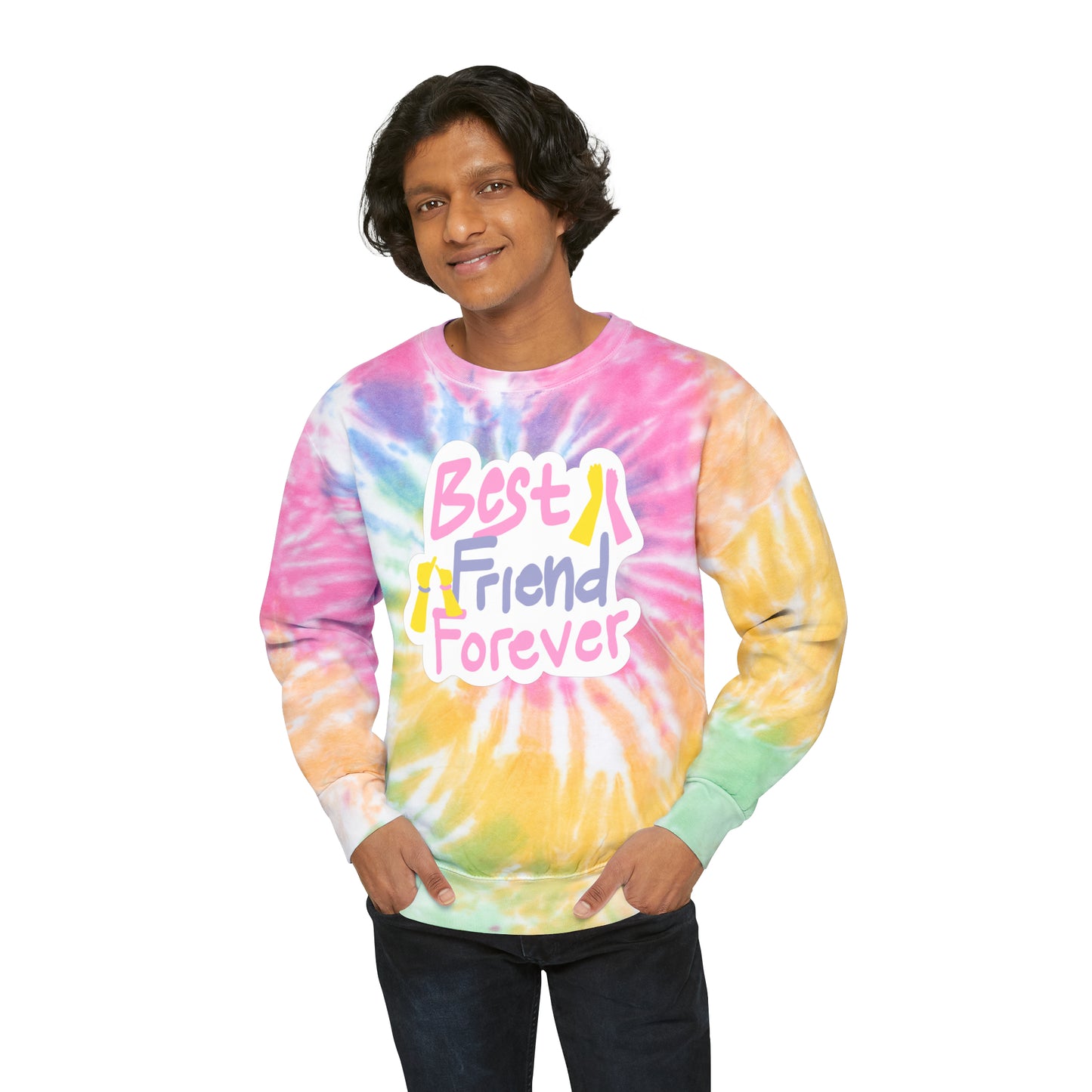 Unisex Tie-Dye Sweatshirt ADULT/TEEN CREWNECK ACTIVEWEAR BEST FRIENDS FOREVER IN PINK WHITE LETTERS PEACH HANDS PINKY PROMISE