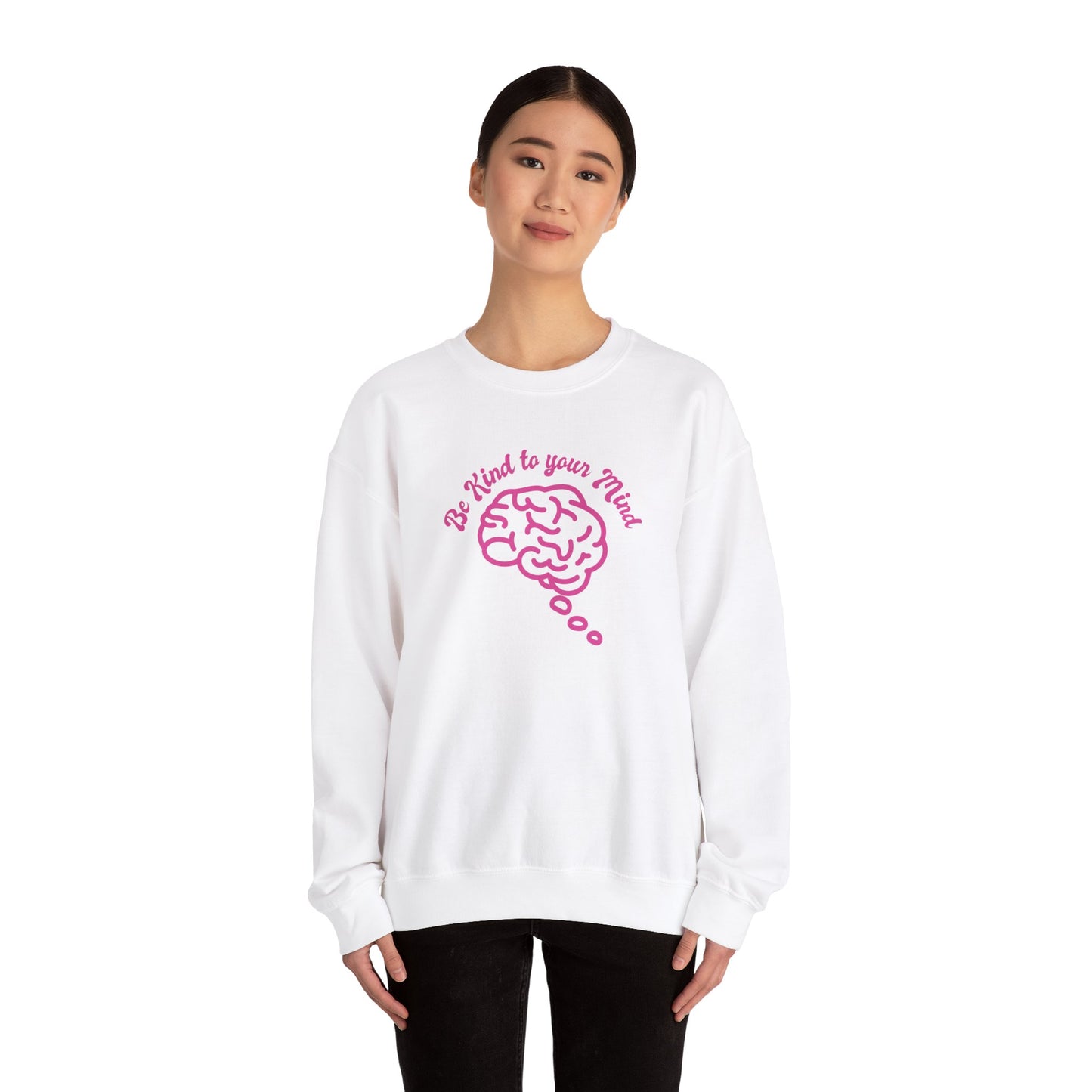 Unisex Heavy Blend™ Crewneck Sweatshirt Adult/Teen Activewear Be Kind To Your Mind in Pink with a Pink Brain