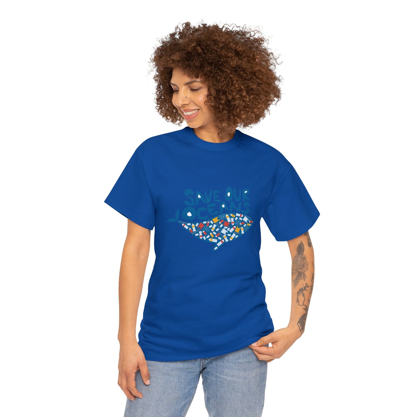 Unisex Heavy Cotton Tee Adult/Teen Activewear Shirt Comes In Many Colors Save Our Oceans Whale in Blue