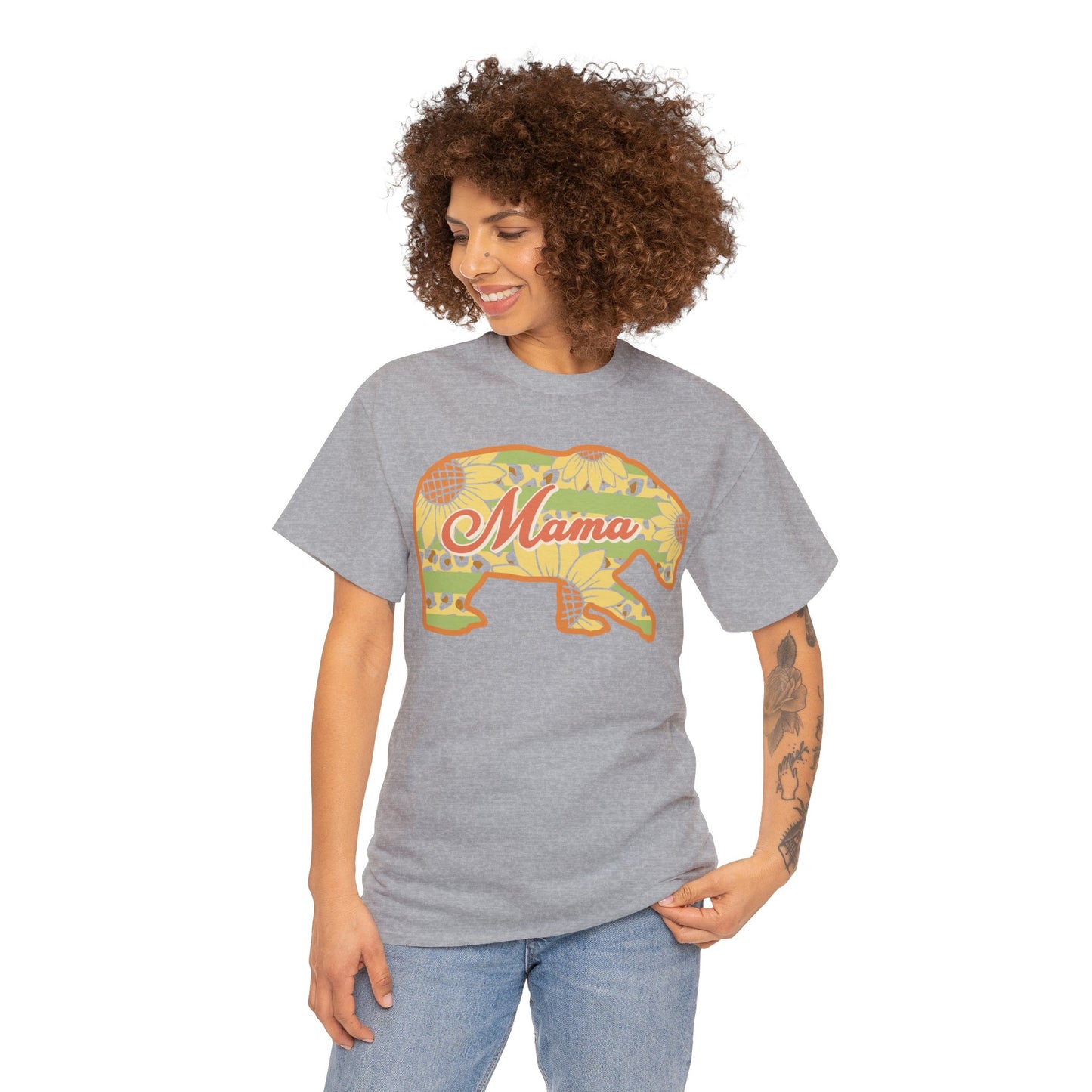 Unisex Heavy Cotton Tee Activewear Adult Mama Bear Many Colors Available Light Yellow Coral Design