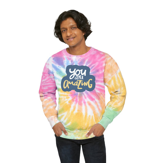 Unisex Tie-Dye Sweatshirt ADULT/TEEN ACTIVEWEAR YOU ARE AMAZING (GREAT GIFT) IN BLUE/GREY LIGHT YELLOW WRITING