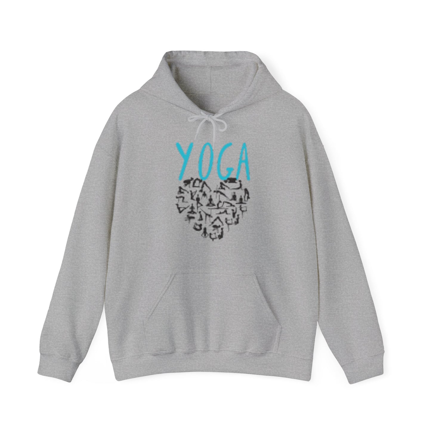 Unisex Heavy Blend™ Hooded Sweatshirt ADULT/TEEN ACTIVEWEAR YOGA IN TEAL-BLUE WRITING W/ YOGA POSES IN HEART SHAPE BLACK