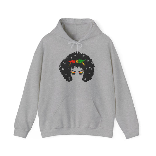 Unisex Heavy Blend™ Hooded Sweatshirt Adult/Teen Activewear African American Woman in Black with Colors Red Green Yellow of African Colors Black Lives Matter on Back in Black Writing