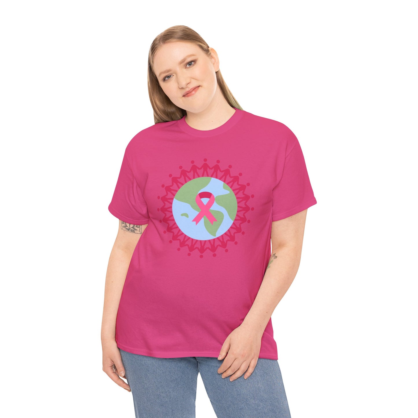 Unisex Heavy Cotton Tee Adult/Teen Activewear Earth with Pink Stick Figures Around thE World for Cancer Awareness