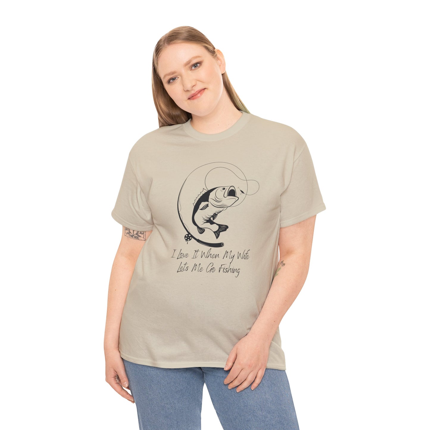 Unisex Heavy Cotton Tee Adult/Teen Activewear I Love It When My Wife Lets Me Go Fishing in Black T-shirt Comes In Many Colors