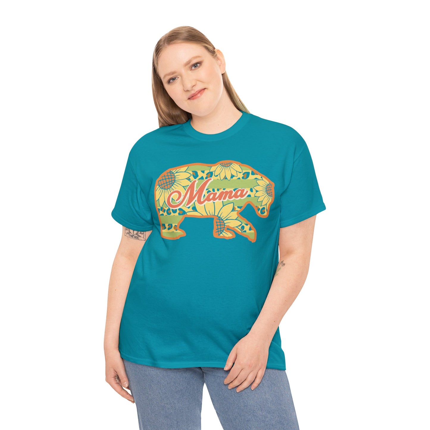 Unisex Heavy Cotton Tee Activewear Adult Mama Bear Many Colors Available Light Yellow Coral Design