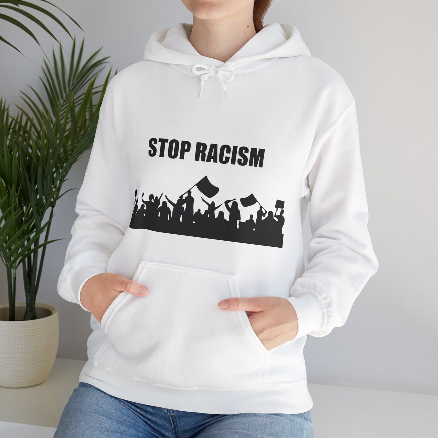 Unisex Heavy Blend™ Hooded Sweatshirt Adult/Teen Activewear Stop Racism on Front in Black on Back Stop The Violence in Black Writing