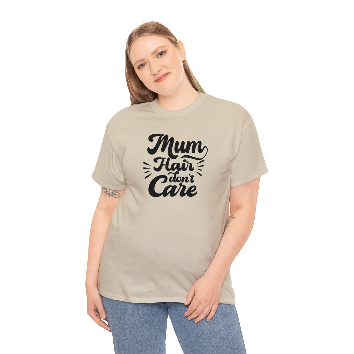 Unisex Heavy Cotton Tee Activewear Mom Hair Don't Care Black Writing