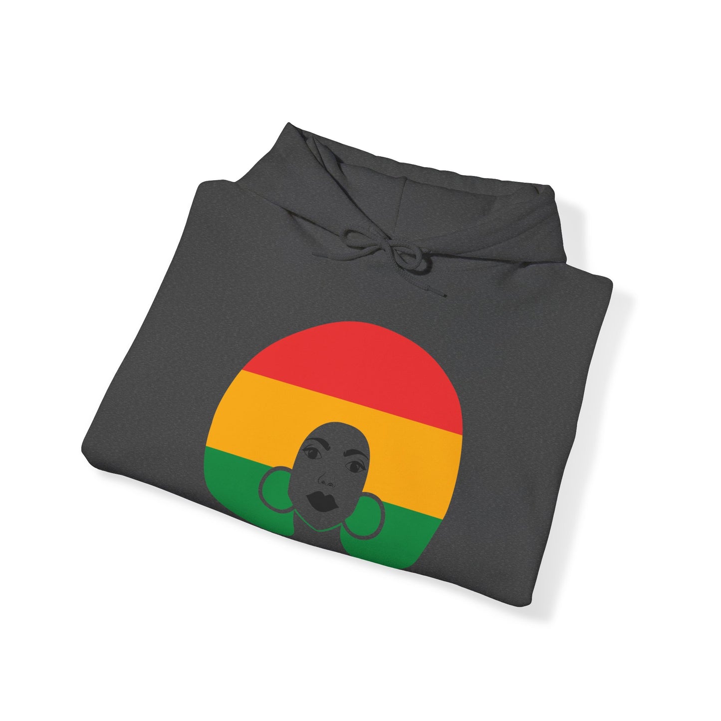 Unisex Heavy Blend™ Hooded Sweatshirt Adult/Teen Activewear Black Lives Matter in Black Writing on Front African American Woman Wearing Colors Red Green Yellow