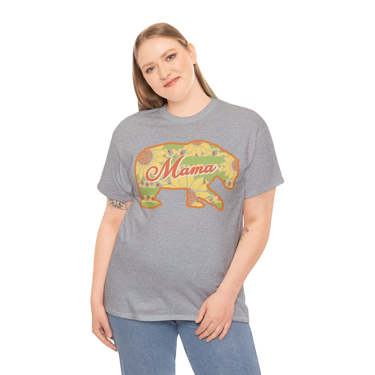 Unisex Heavy Cotton Tee Activewear Adult Mama Bear Many Colors Available Light Yellow Coral Design