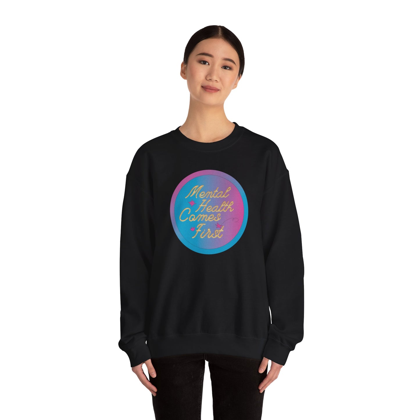 Unisex Heavy Blend™ Crewneck Sweatshirt Adult/Teen Activewear Mental Health Comes First Blue/Pink Circle on Front Gold Writing