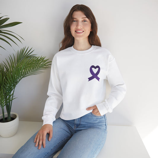 Unisex Heavy Blend™ Crewneck Sweatshirt Activewear Adult/Teen Domestic Violence Awareness Purple Ribbon Image on Back Pink Purple Silhouette of Different Races of Women