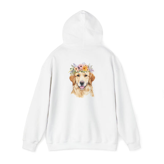 Unisex Heavy Blend™ Hooded Sweatshirt Adult Activewear Best Mom Ever on Front Black Writing Golden Retriever on Back Light Yellow with Wreath on Dog's Head Flowers