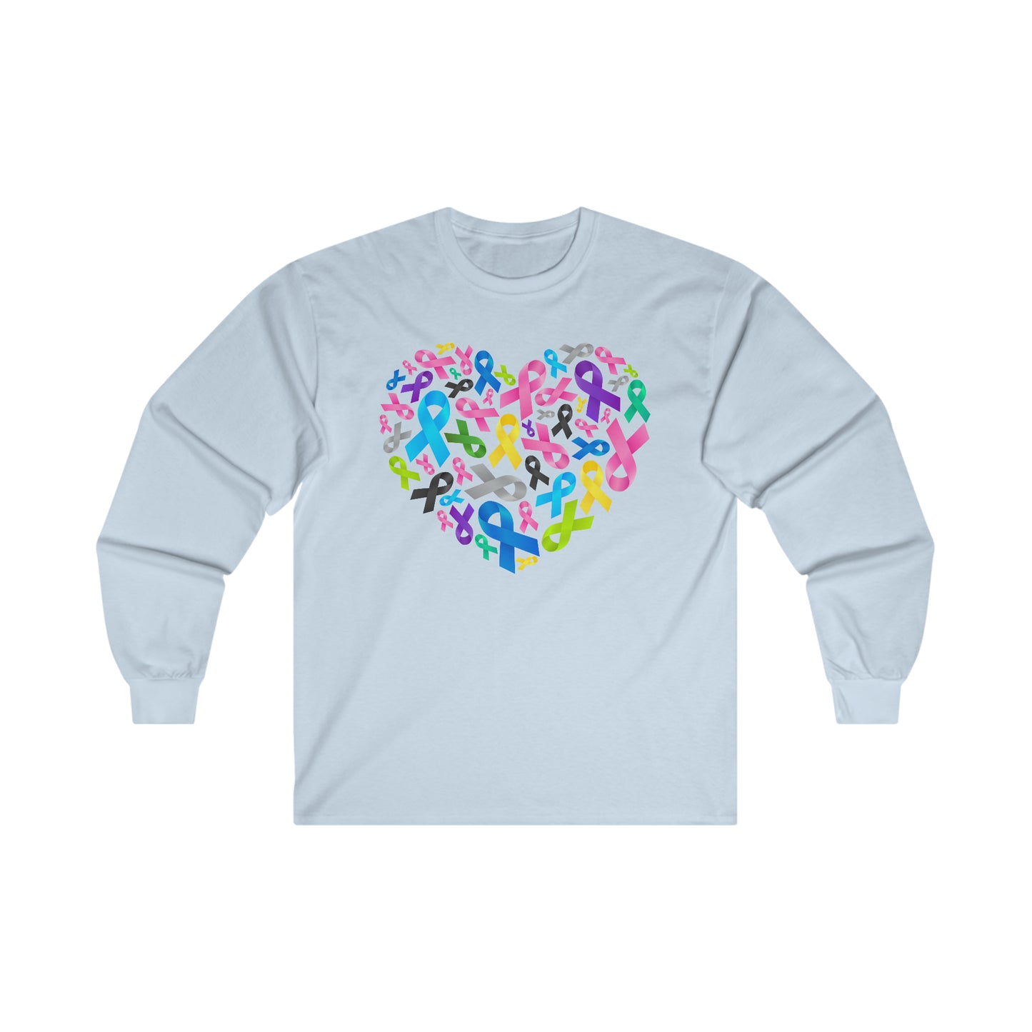 Unisex Ultra Cotton Long Sleeve Tee Adult/Teen Activewear on Front Yellow Blue Purple Ribbons for Breast Cancer Domestic Violence Children Cancer Awareness and Child Abuse