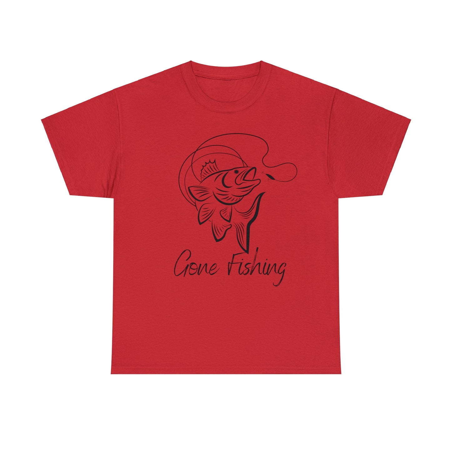 Unisex Heavy Cotton Tee Adult/Teen Gone Fishing w/ Image of Fish in Black Outline T-shirt Comes in Many Colors