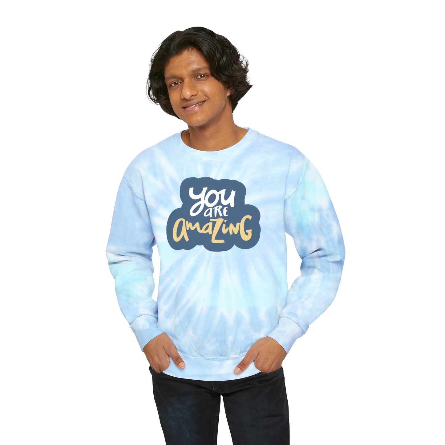 Unisex Tie-Dye Sweatshirt ADULT/TEEN ACTIVEWEAR YOU ARE AMAZING (GREAT GIFT) IN BLUE/GREY LIGHT YELLOW WRITING