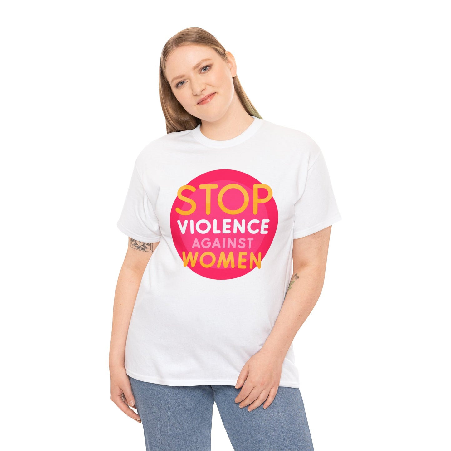 Unisex Heavy Cotton Tee Adult/teen Activewear Stop Violence Against Women Colors Yellow And Pink Writing