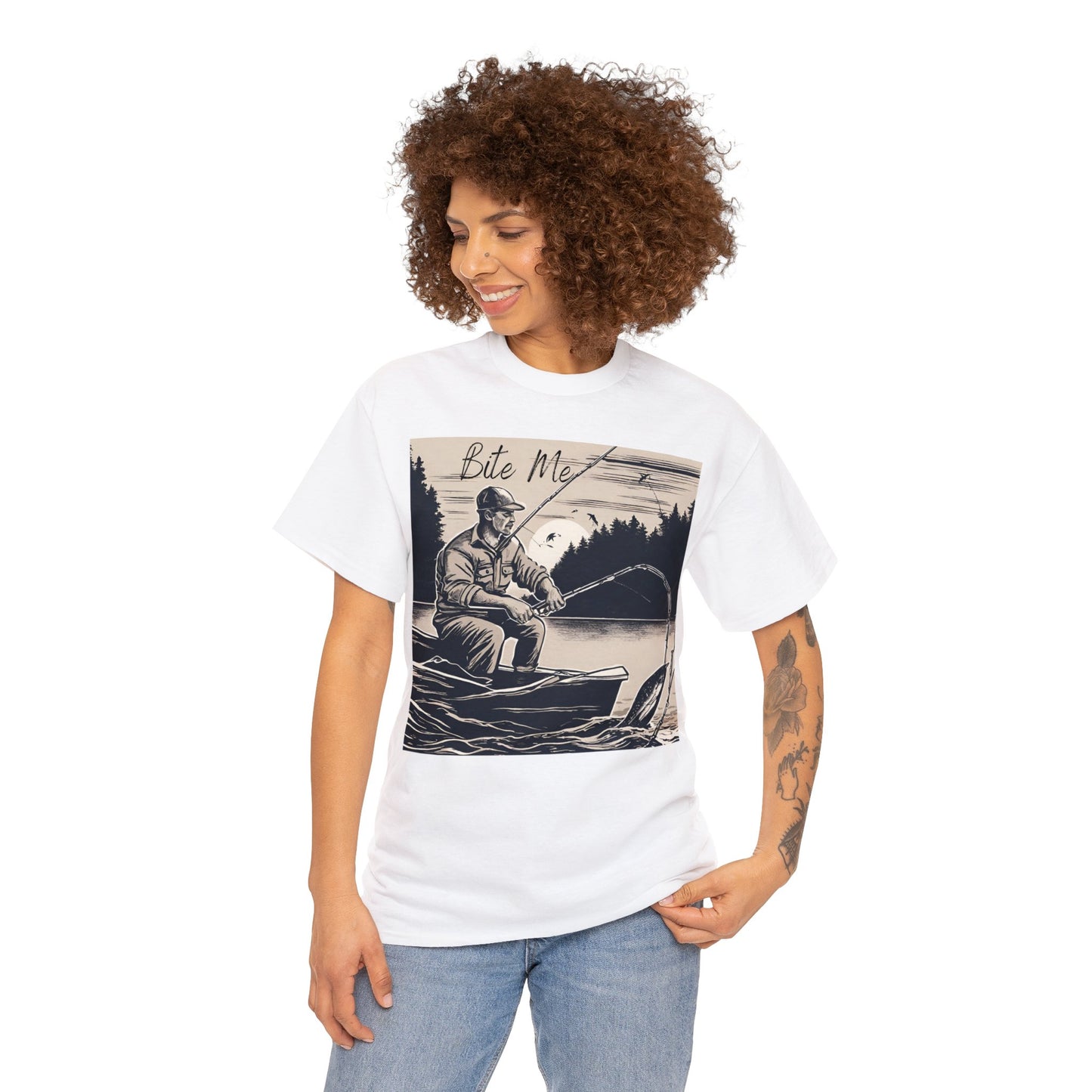 Unisex Heavy Cotton Tee Adult/Teen Activewear Bite Me with A Man Fishing Black Outline Shirt Comes in Many colors