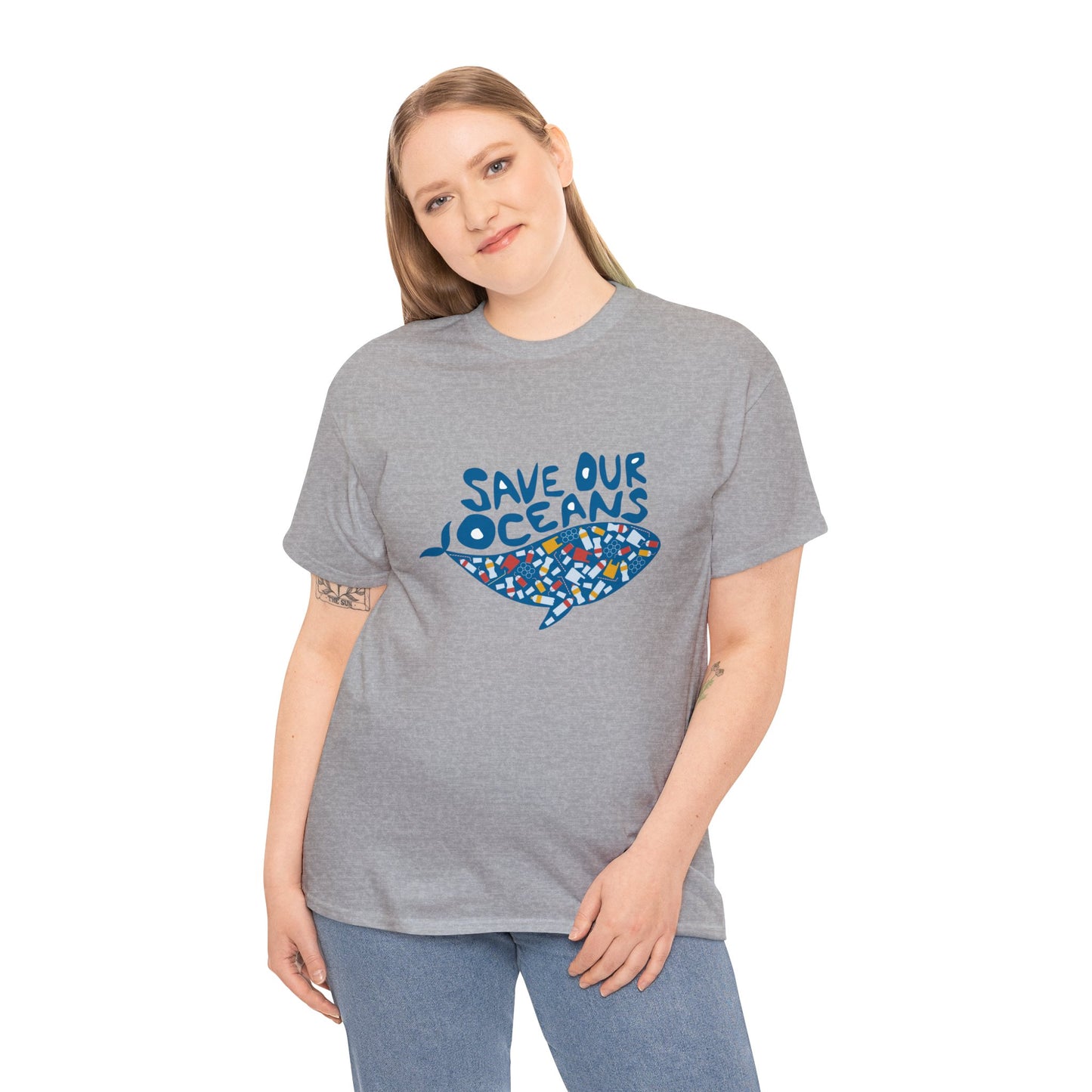 Unisex Heavy Cotton Tee Adult/Teen Activewear Shirt Comes In Many Colors Save Our Oceans Whale in Blue